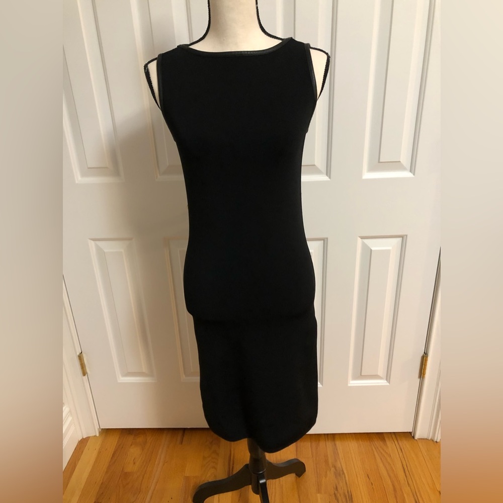 EUC Lauren by Ralph Lauren sheath dress black small leather trimmed